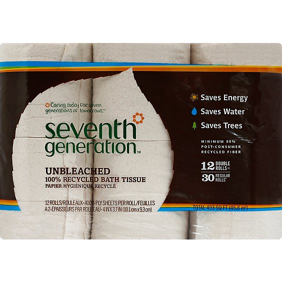 Seventh Generation Bath Tissue 2-Ply 100% Recycled Paper Unbleached 400 Sheets - 12 Roll