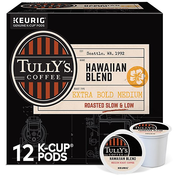 Tully's Coffee Hawaiian Blend  Extra Bold Medium Roast Keurig Single Serve K Cup Pods - 12 Count