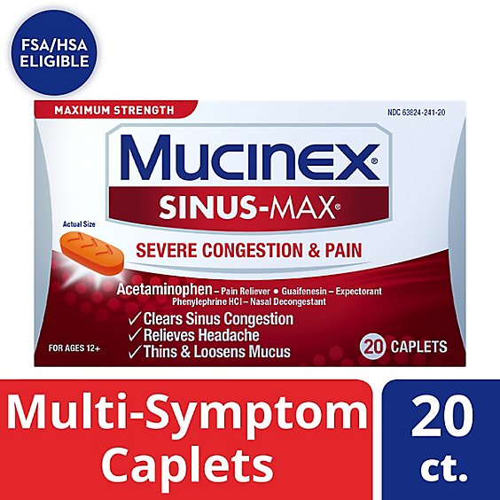 Mucinex Sinus-Max Medicine Severe Congestion Relief Maximum Strength Caplets - 20 Count