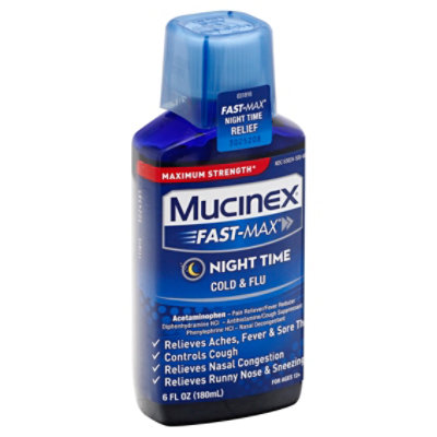Mucinex Fast-Max Liquid Medicine Night Time Cold & Flu Maximum Strength - 6 Fl. Oz.