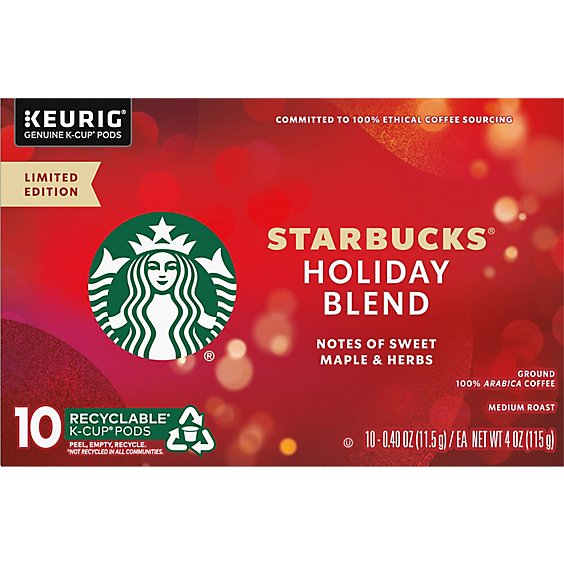 Starbucks Holiday Blend 100% Arabica Medium Roast K Cup Coffee Pods Box 10 Count - Each