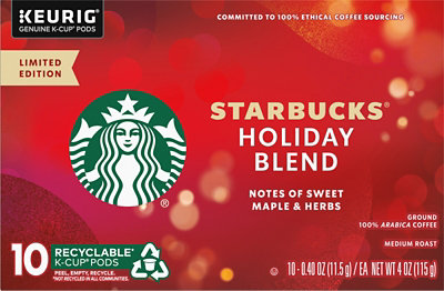 Starbucks Holiday Blend 100% Arabica Medium Roast K Cup Coffee Pods Box 10 Count - Each