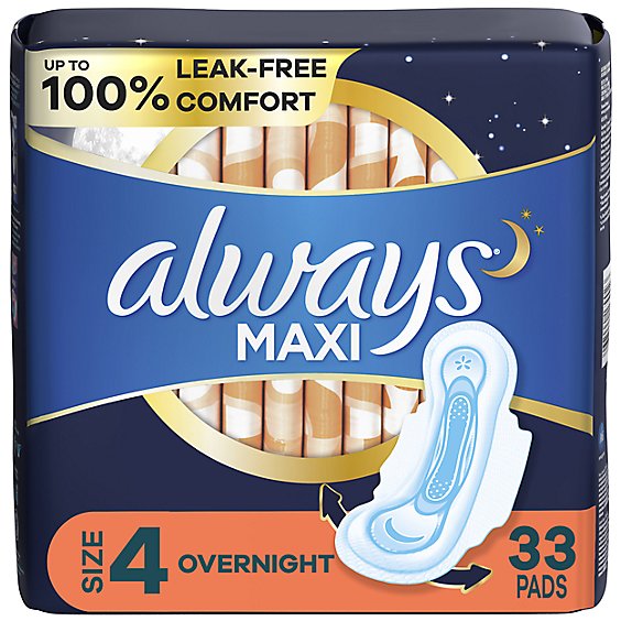 Always Maxi Overnight Absorbency Size 4 Unscented Pads With Wings - 33 Count