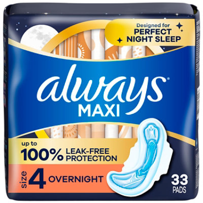 Always Maxi Overnight Absorbency Size 4 Unscented Pads With Wings - 33 Count