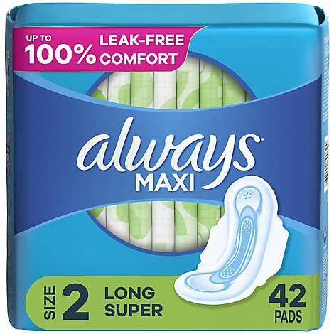 Always Maxi Pads Size 2 Long Super Absorbency Unscented with Wings - 42 Count