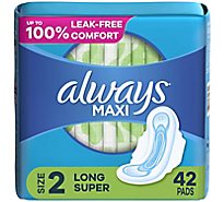 Always Maxi Pads Size 2 Long Super Absorbency Unscented with Wings - 42 Count