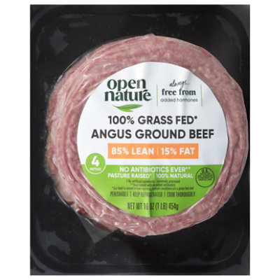 Open Nature Ground Beef Hamburger Patties 85% Lean 15% Fat 4 Count - 16 Oz. - Image 1