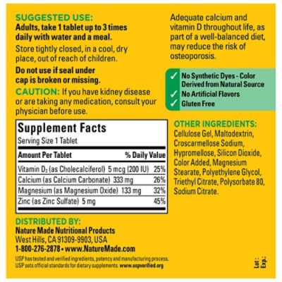 Nature Made Dietary Supplement Tablets Minerals Calcium Magnesium Zinc With Vitamin D - 300 Count - Image 4