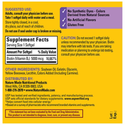 Nature Made Dietary Supplement Softgels Biotin Maximum Strength 5000 mcg - 120 Count - Image 4