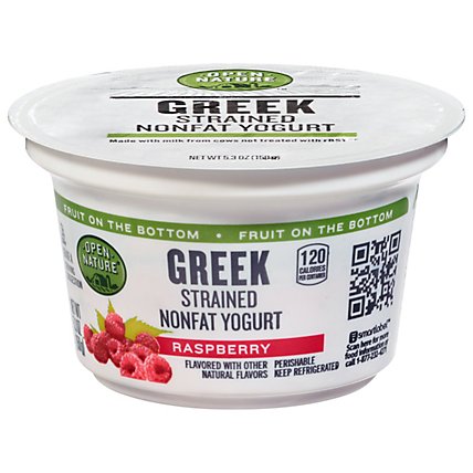 Open Nature Yogurt Greek Nonfat Strained Fruit on the Bottom Raspberry - 5.3 Oz