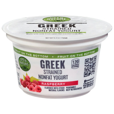 Open Nature Yogurt Greek Nonfat Strained Fruit on the Bottom Raspberry - 5.3 Oz