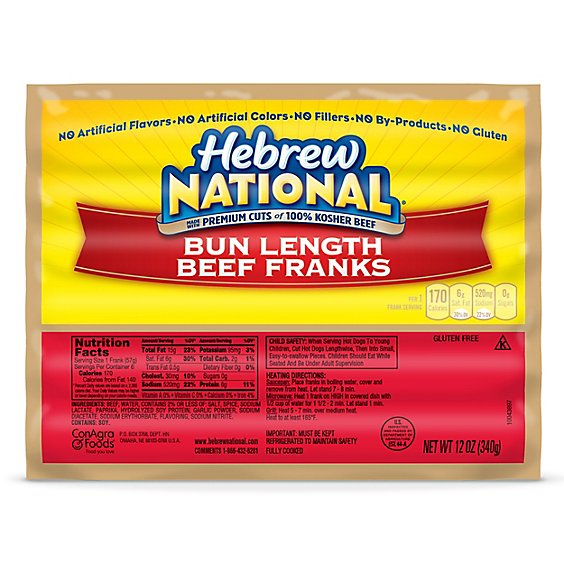 Hebrew National Bun Length Beef Franks Hot Dogs -6-12 Oz