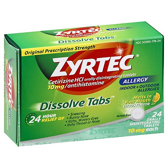ZYRTEC Allergy Antihistamine Dissolve Tabs Original Prescription Strength 10 mg Citrus - 24 Count