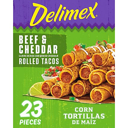 Delimex Beef & Cheddar Corn Rolled Tacos Frozen Snacks Box - 23 Count - Image 1