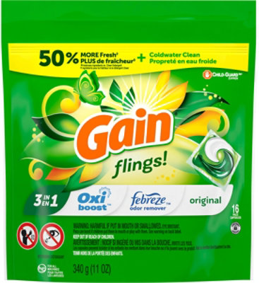 Gain Flings Liquid Laundry Detergent Pacs HE Compatible Original Scent - 16 Count