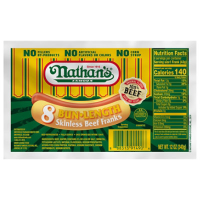 Nathan's Famous Skinless Bun Length All Beef Hot Dogs 8 ct - 12 oz - Image 2