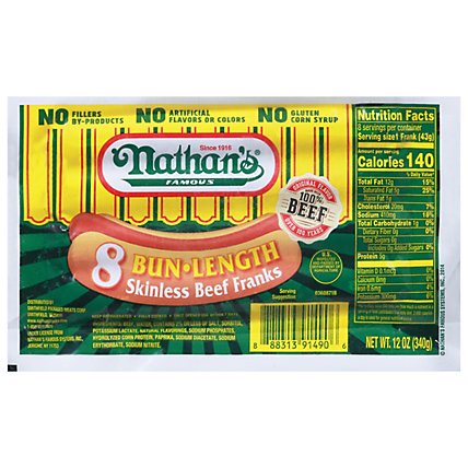 Nathan's Famous Skinless All Beef Bun Length Hot Dogs - 8 Count - 12 Oz - Image 1