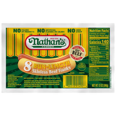 Nathans Famous Beef Franks Skinless Bun Length 8 Count - 12 Oz