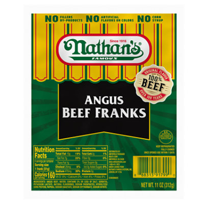 Nathans Famous Beef Franks Angus Dinner Size - 11 Oz