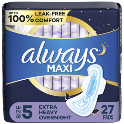Always Maxi Pads Size 5 Extra Heavy Overnight Absorbency With Wings Unscented - 27 Count