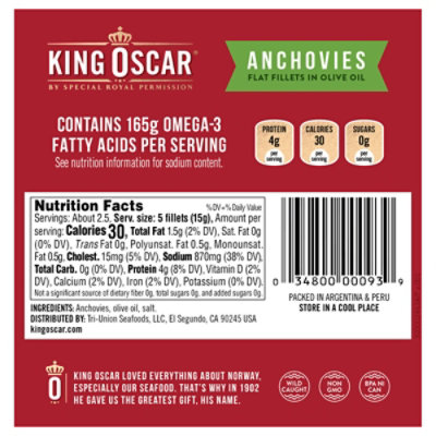 King Oscar Anchovies Flat Fillets in Olive Oil Omega-3 - 2 Oz - Image 3