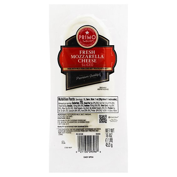 Primo Taglio Cheese Fresh Mozarella Mild & Creamy Sliced - 16 Oz