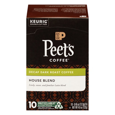 Peet's Coffee Decaf House Blend Dark Roast K Cup Pods - 10 Count