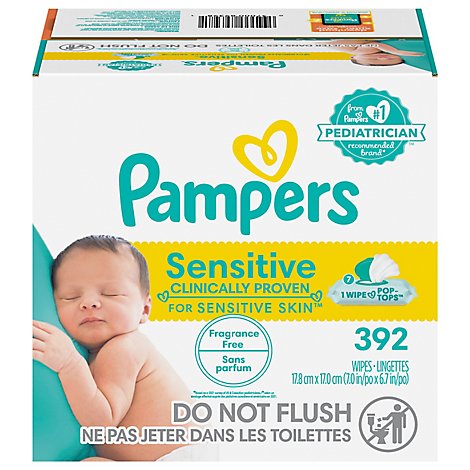 Pampers Sensitive Baby Wipes Perfume Free 7 Pop Tops Packs - 392 Count