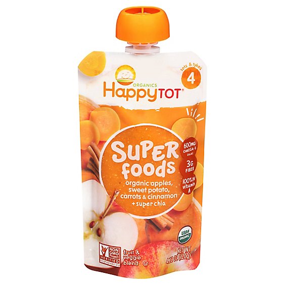 Happy Tot Organics Fruit & Veggie Blend Apples Sweet Potato Carrots Cinnamon + Super Chia - 4.22 Oz