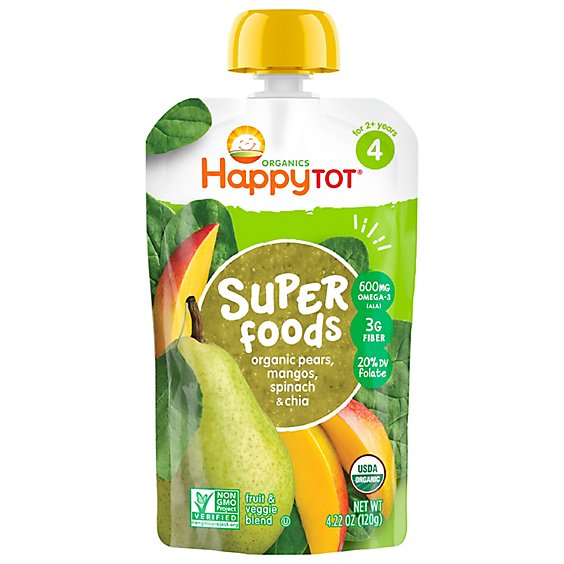 Happy Tot Organics Super Foods Blend Pears Mangos & Spinach + Super Chia - 4 Oz