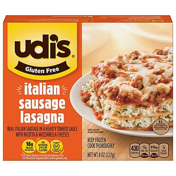 Udis Entree Lasagna Italian Sausage Gluten Free - 8 Oz