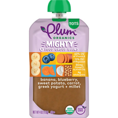 Plum Organics Organic Tots Mighty 4 Puree Sweet Potato Carrot Blueberry Apple Greek Yogurt - 4 Oz - Image 1