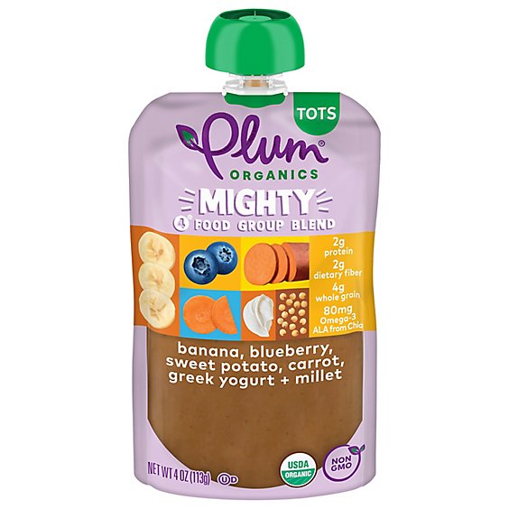 Plum Organics Organic Tots Mighty 4 Puree Sweet Potato Carrot Blueberry Apple Greek Yogurt - 4 Oz