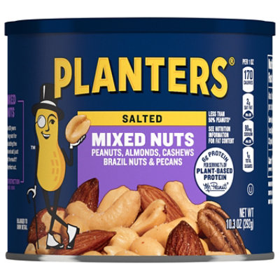 PLANTERS Salted Mixed Nuts, Party Snacks, 6g (7% DV) Plant-Based Protein, 10.3 oz Can