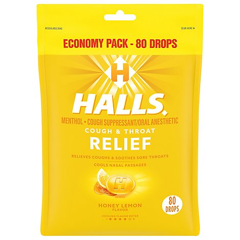 HALLS Cough Suppressant Drops Triple Soothing Action Honey Lemon - 80 Count