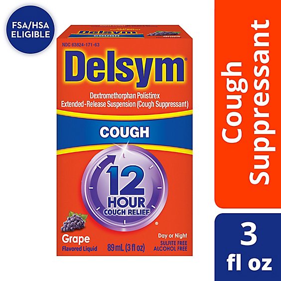 Delsym Cough Suppressant Cough Relief 12 Hour Liquid Grape Flavored - 3 Fl. Oz.