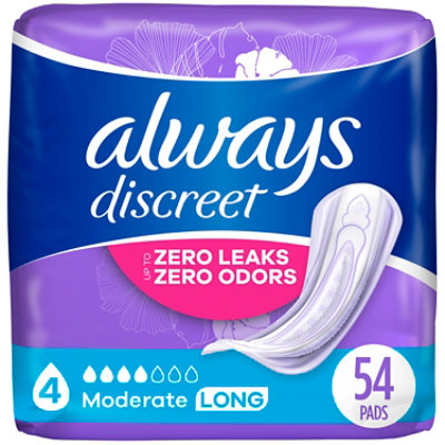 Always Discreet Moderate Long Incontinence Pads Up to 100% Leak Free - 54 Count