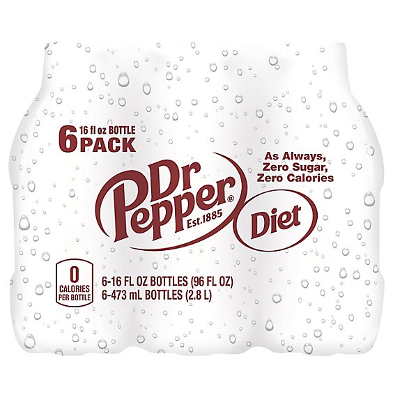 Diet Dr Pepper Soda 16 fl oz bottles 6 pack