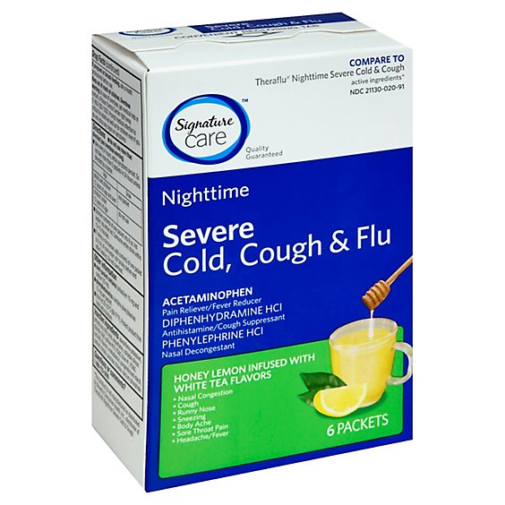 Signature Care Severe Cold Cough & Flu Relief Nighttime Honey Lemon Infused White Tea - 6 Count
