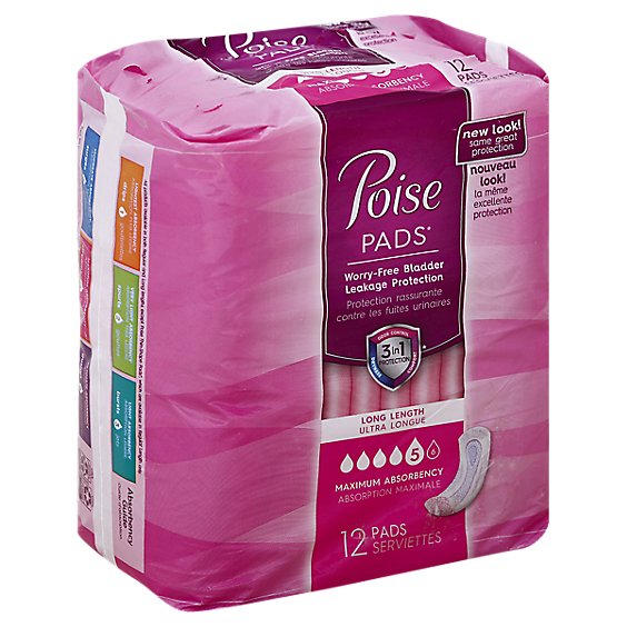 Poise Pads Maximum Long Pads With Side Shields - 12 Package