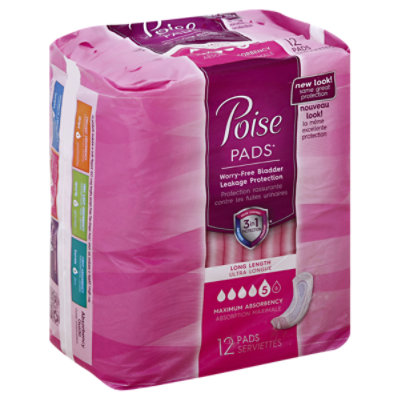 Poise Pads Maximum Long Pads With Side Shields - 12 Package