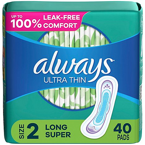Always Ultra Thin Pads Size 2 Long Absorbency Unscented Without Wings - 40 Count
