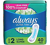 Always Ultra Thin Pads Long Super Absorbency Without Wings Size 2 Unscented - 40 Count