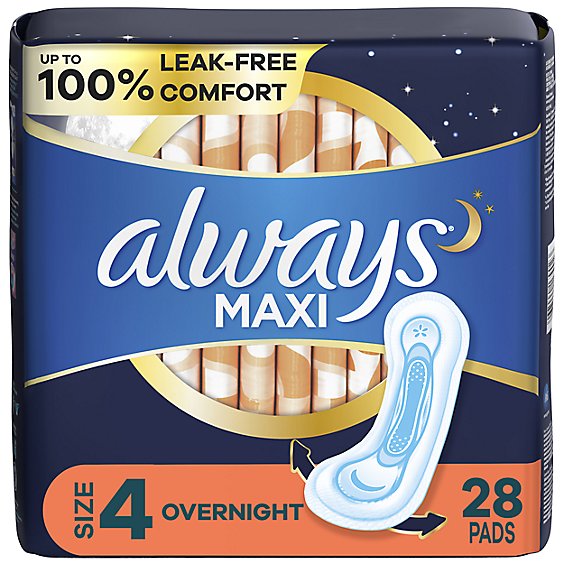 Always Size 4 Overnight Absorbency Unscented Maxi Pads without Wings - 28 Count