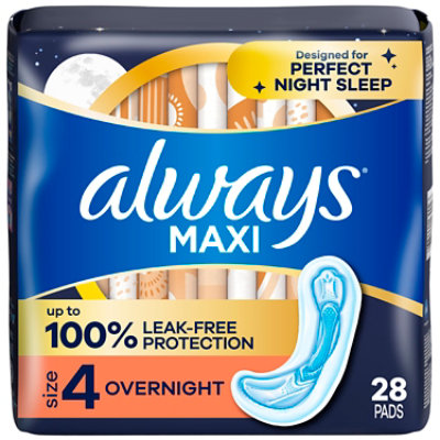 Always Size 4 Overnight Absorbency Unscented Maxi Pads without Wings - 28 Count - Image 1