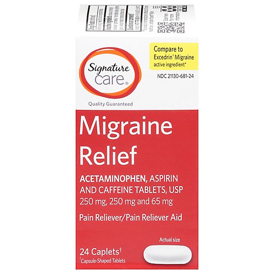 Signature Care Migraine Relief Acetaminophen Aspirin Pain Reliever Coated Caplet - 24 Count