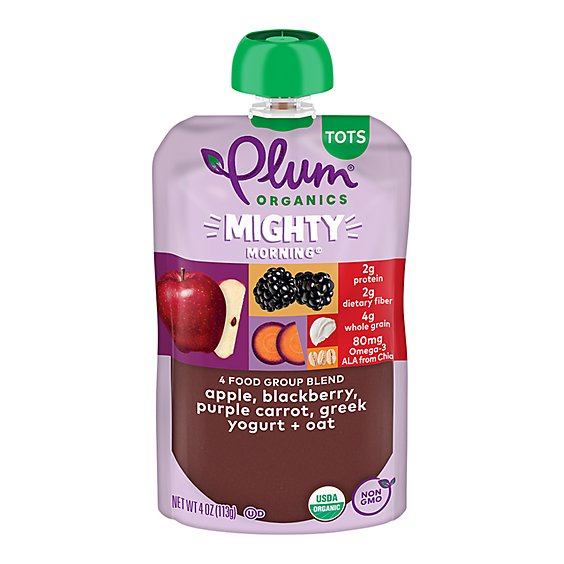 Plum Organics Organic Tots Mighty 4 Puree Apple Blackberry Purple Carrot Greek Yogurt Oat - 4 Oz