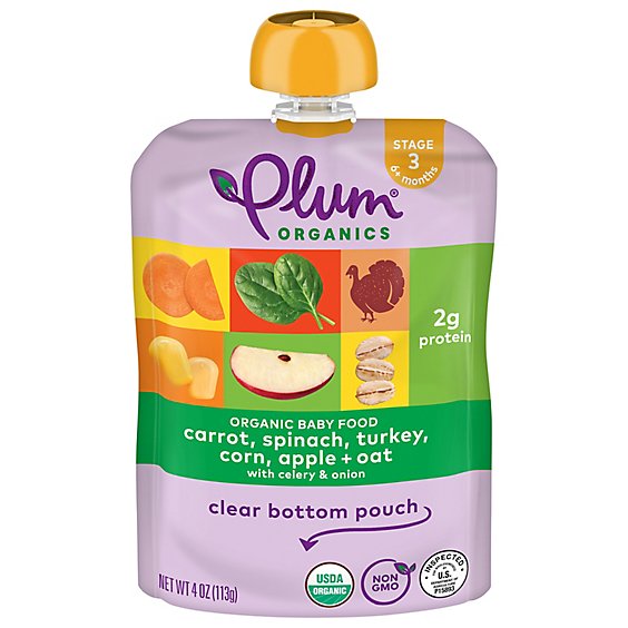 Plum Organics Organic Baby Food 3 (6 Months & Up) Sweet Corn & Carrot With Turkey + Sage - 4 Oz