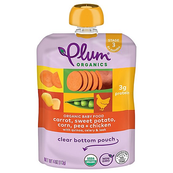 Plum Organics Organic Baby Food 3 (6 Months & Up) Carrot Sweet Potato Corn Pea & Chicken - 4 Oz
