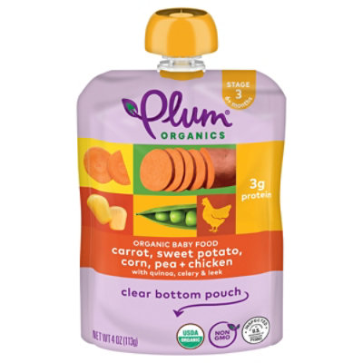 Plum Organics Organic Baby Food 3 (6 Months & Up) Carrot Sweet Potato Corn Pea & Chicken - 4 Oz